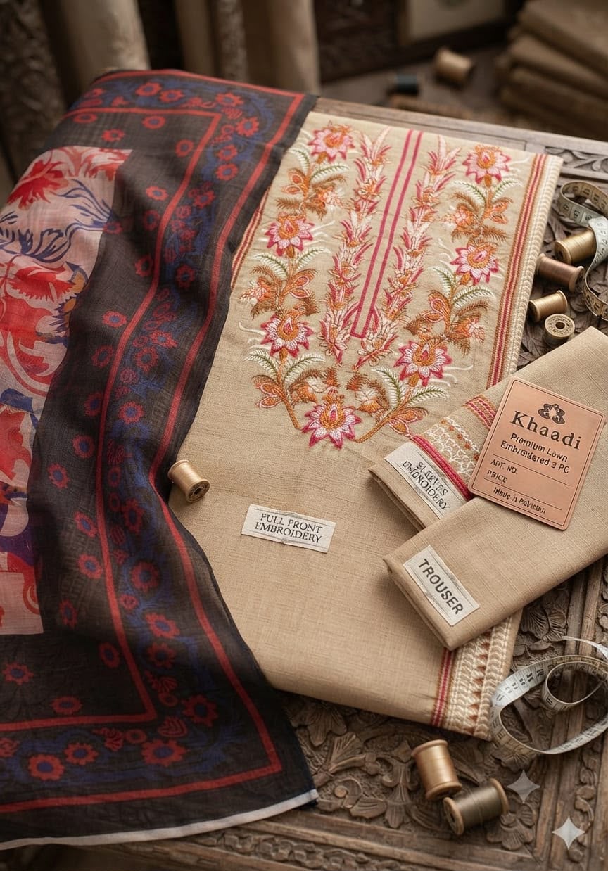 KHAADI lawn embroidered hit code unstitced 3pc✓