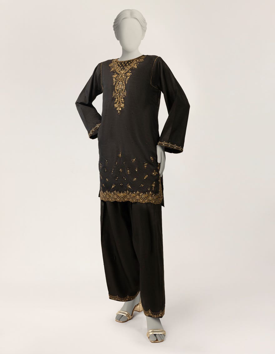 black raw silk embroidered co-ord set