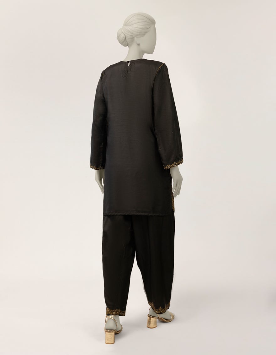 black raw silk embroidered co-ord set